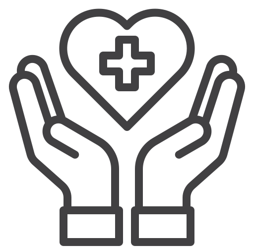The image shows a line art icon representing hands cradling a heart with a medical cross in the center, symbolizing healthcare or medical support.