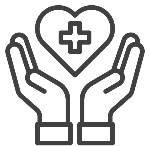 The image shows a line art icon representing hands cradling a heart with a medical cross in the center, symbolizing healthcare or medical support.